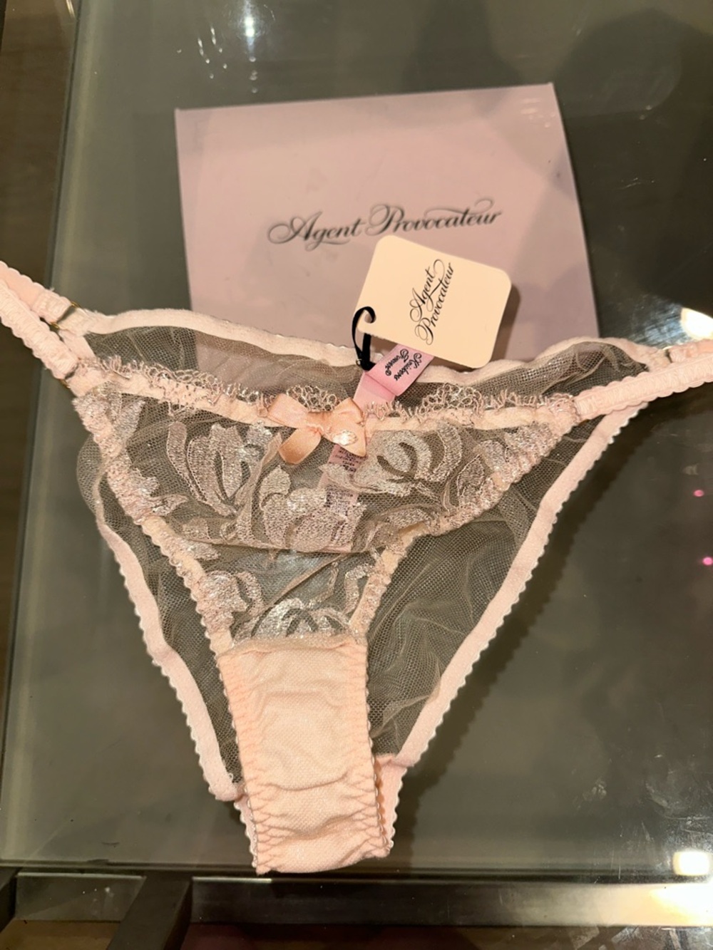 New NET Agent Provocateur Pale Pink Sheer Lace panties brief Bow size 3 shimmer